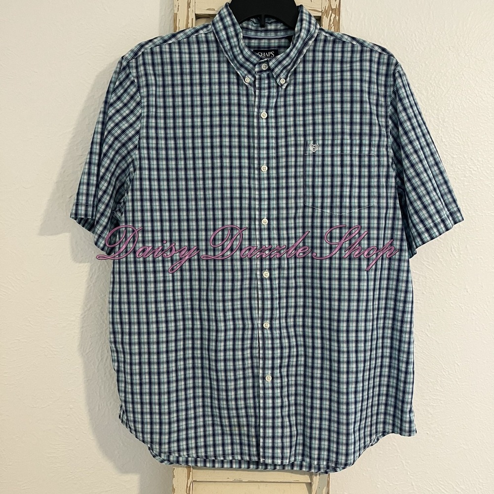 Chaps Shirt Mens XXL Blue Plaid Easy Care Short Sleeve Button Down Casual Pocket